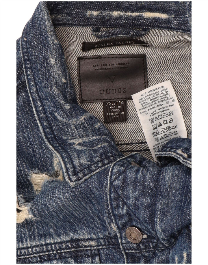 Guess Herre Dillon Graphic Distressed Denim Jacket UK 44 2XL Blue Cotton