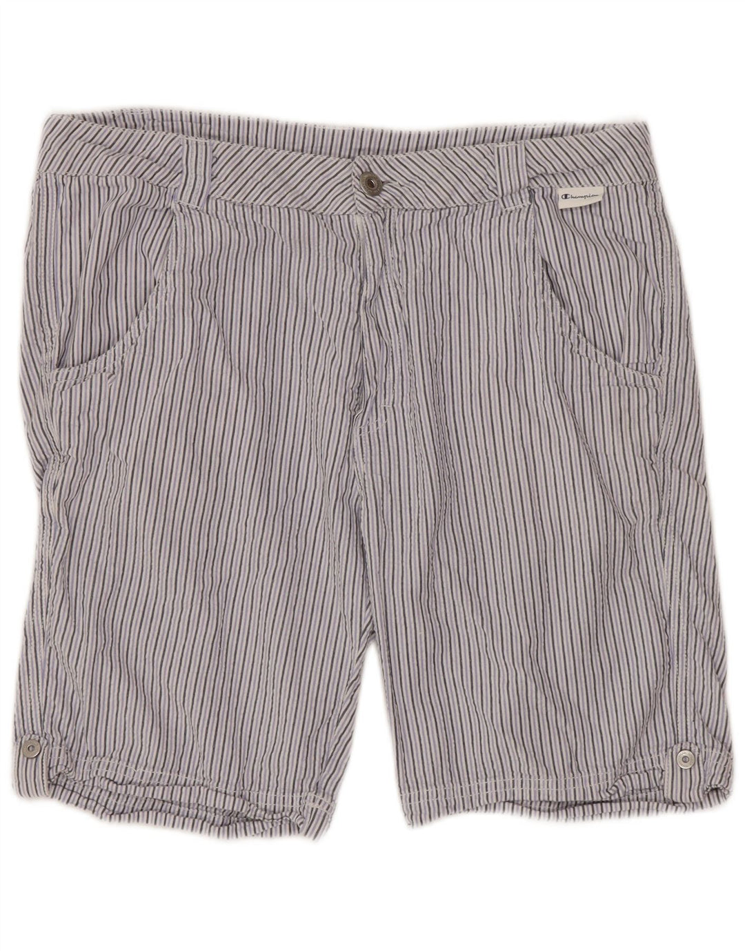 CHAMPION Chino Shorts til kvinder Small W27 Lilla nålestribe