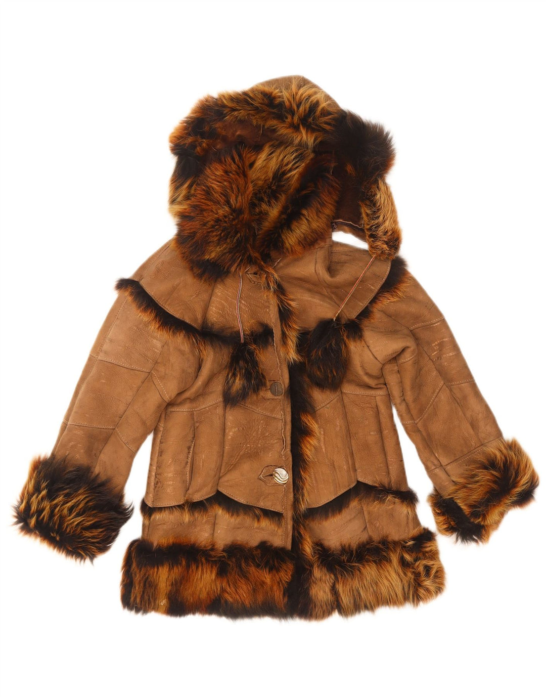 Vintage hættejakke til piger Shearling 7-8 år brun