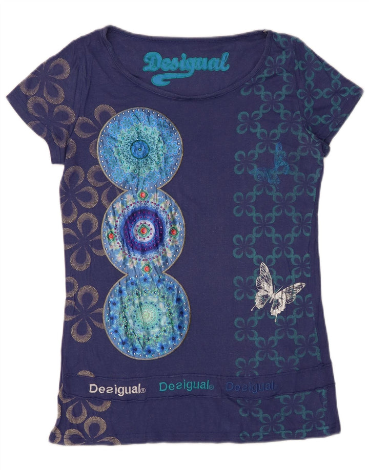 DESIGUAL Dame Grafisk T-Shirt Top UK 12 Medium Navy Blue Floral