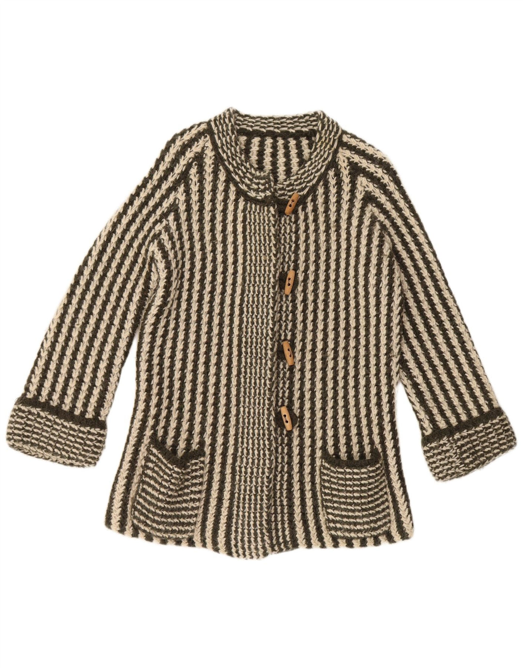 VINTAGE 3/4-ærmet cardigantrøje til kvinder UK 14 Mellemgrøn stribet