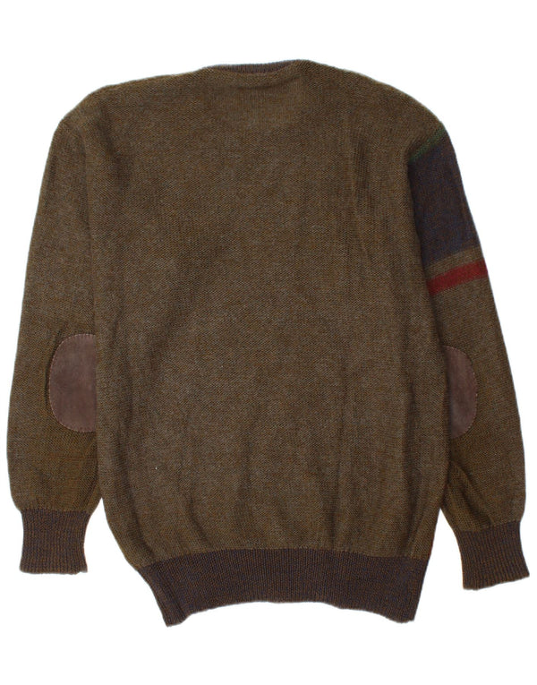 VINTAGE Mens Crew Neck Jumper Sweater Large Khaki Colourblock