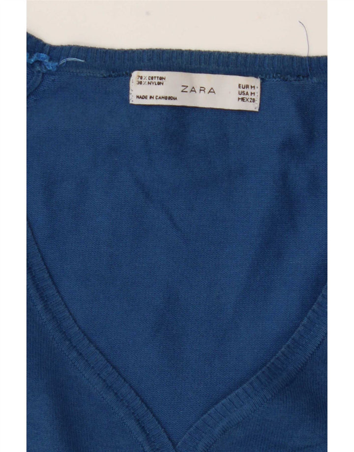Zara Dame Cardigan Sweater UK 12 Medium Blue Bomuld