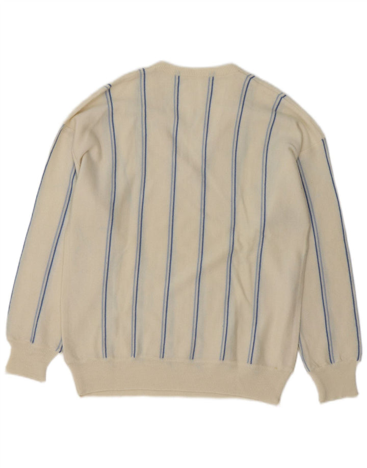VINTAGE Herre V-hals sweater Medium Off White stribet