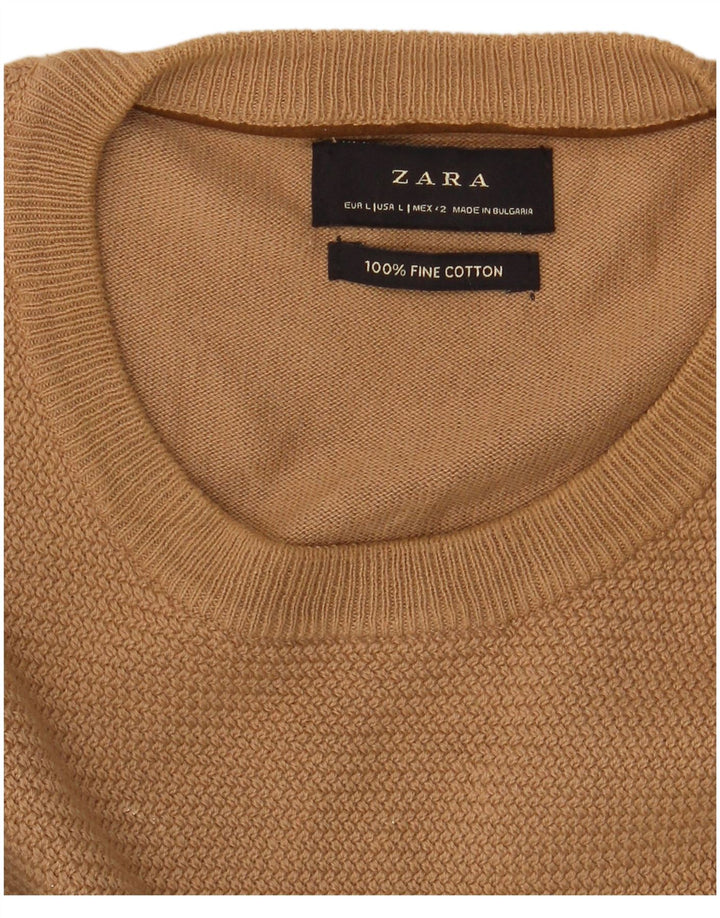 Zara Herre Crew Neck Jumper Sweater Stor Beige Bomuld