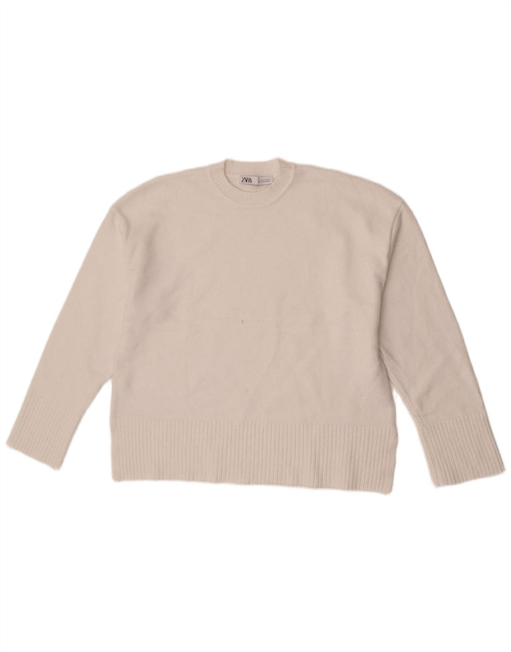 Zara Dame Oversized Crew Neck Jumper Sweater UK 10 Small White Viscose