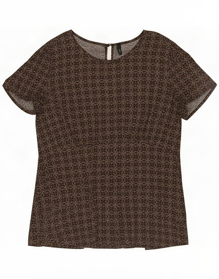 Benetton Dame Abstrakt mønster Bluse Top UK 14 Large Brown Geometric
