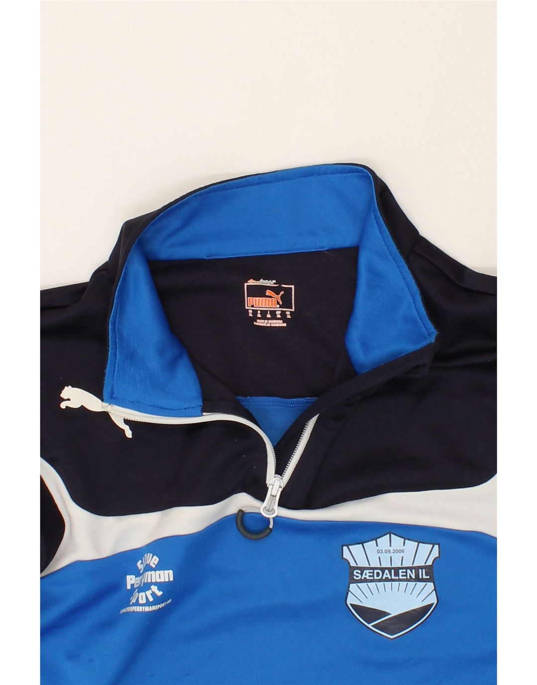 PUMA Mens Graphic Zip Neck Sweatshirt Jumper XL Blue Colourblock Vintage Puma and Second-Hand Puma from Messina Hembry 