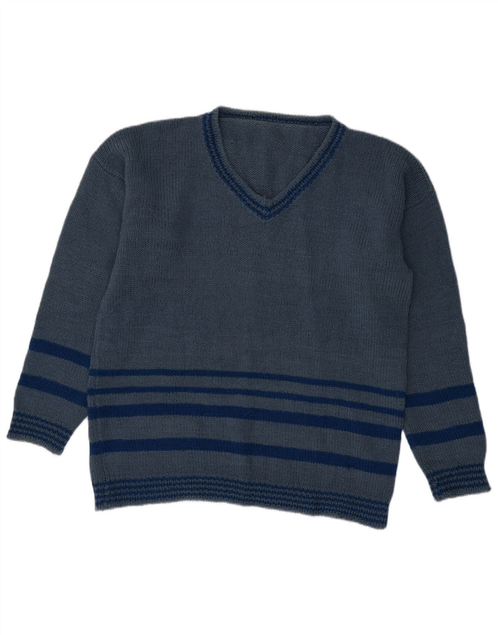 VINTAGE Herre V-hals sweater Stor blå stribet