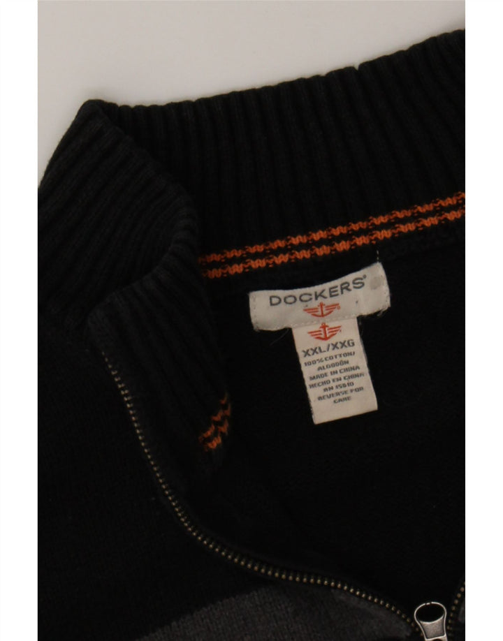 DOCKERS Mens Zip Neck Jumper Sweater 2XL Black Striped Cotton Vintage Dockers and Second-Hand Dockers from Messina Hembry 