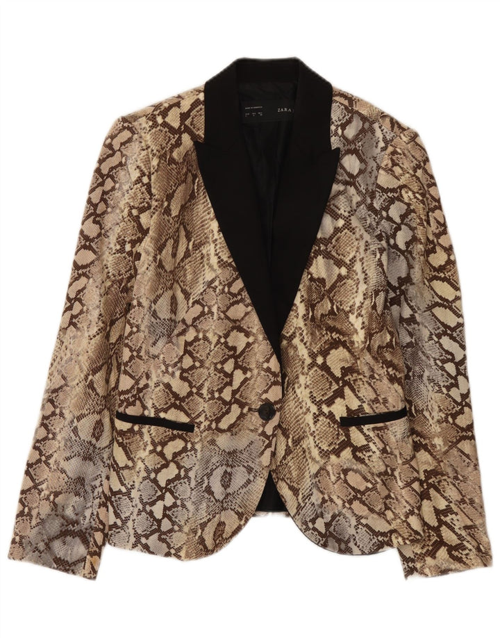Zara Dame 1 Knap Blazer Jakke UK 14 Stor Beige Dyreprint Bomuld