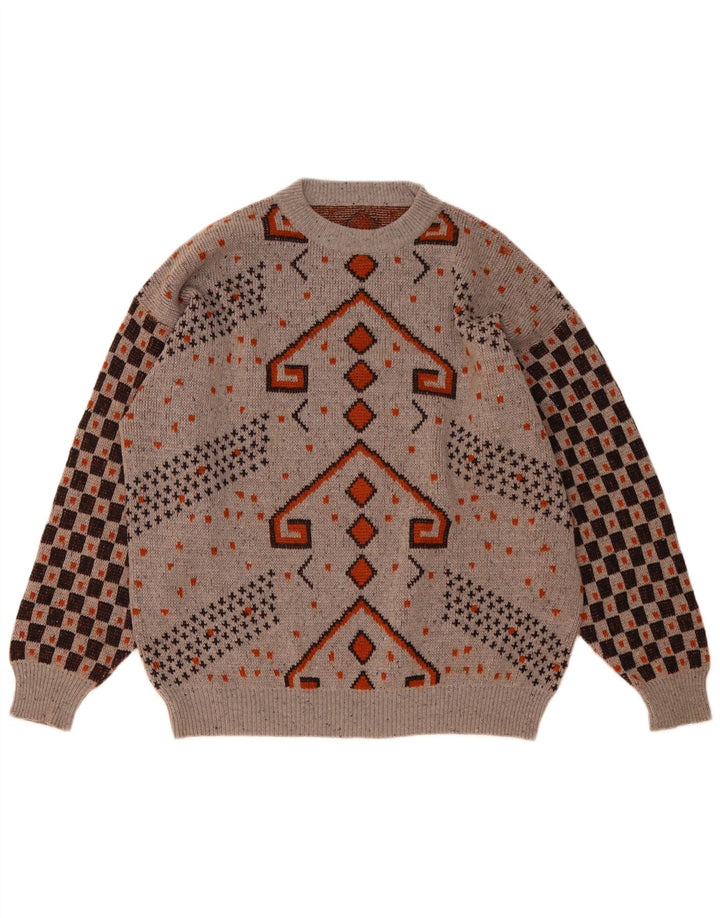 Vintage mænd med rund hals sweater IT 52 Stor grå geometrisk uld