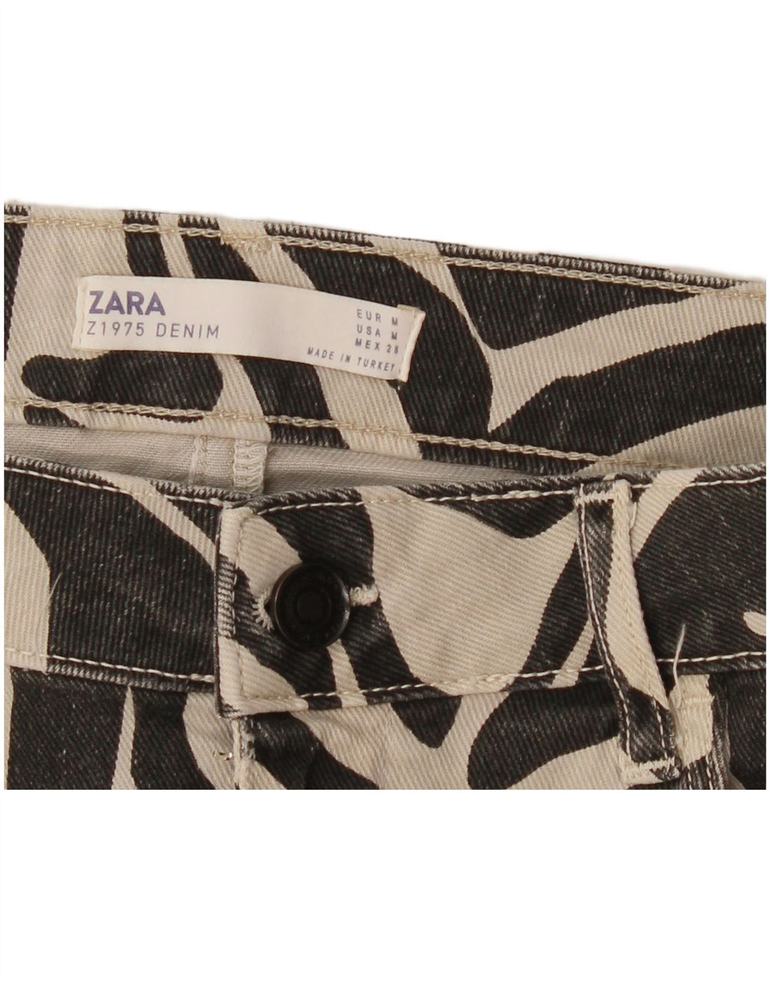 Zara Dame Mini Denim Nederdel Medium W28 Beige Animal Print