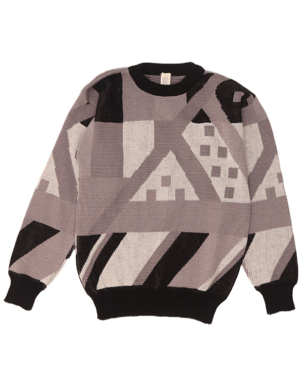Vintage herre rund hals sweater IT 48 Medium grå geometrisk akryl