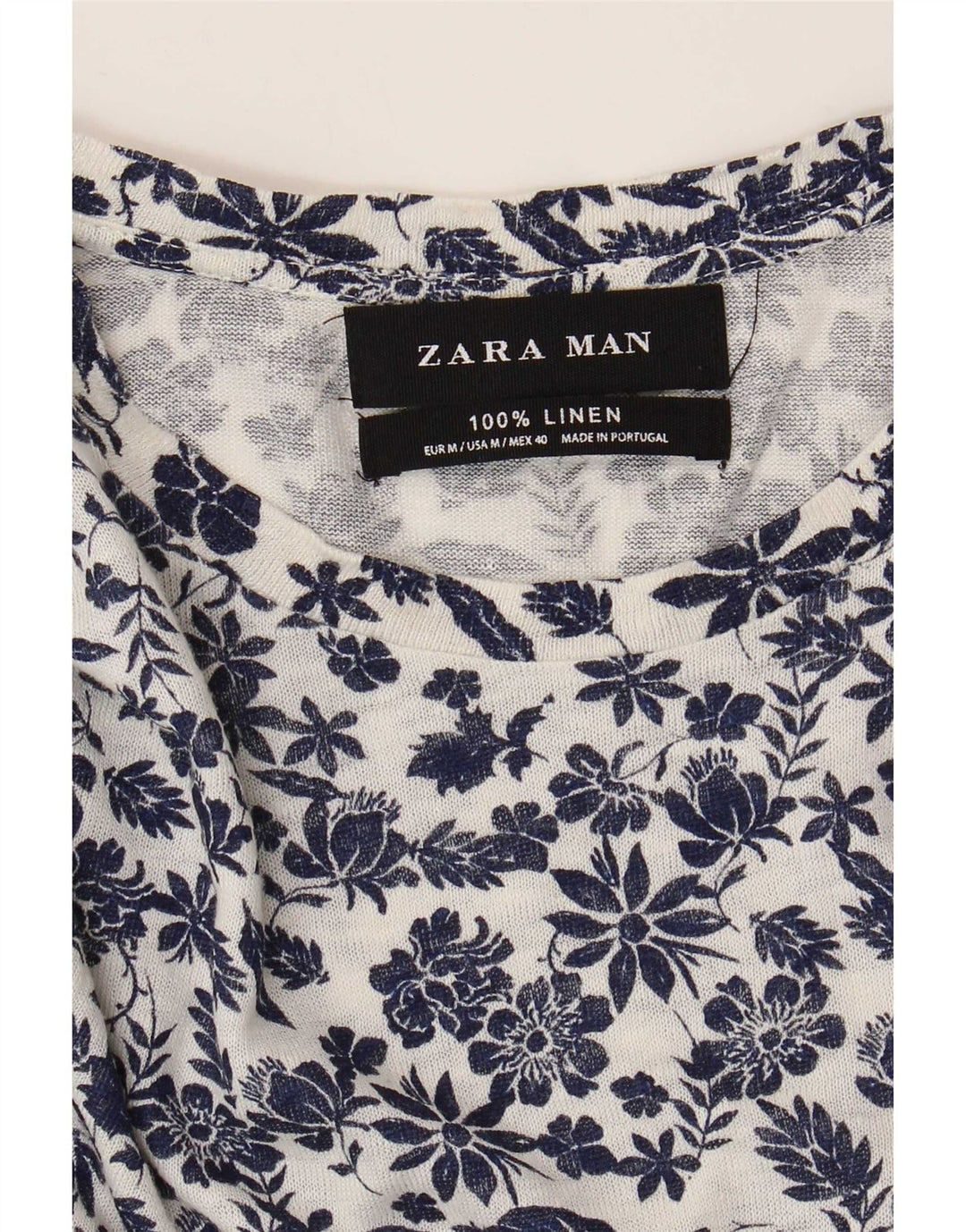 Zara Herre T-Shirt Top Medium White Floral Linen