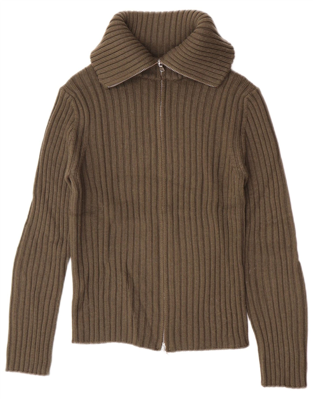 Benetton Dame Rullehals Cardigan Sweater UK 10 Small Khaki Wool