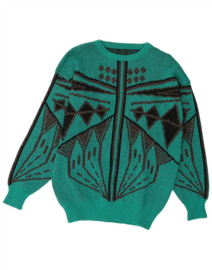 Vintage dame sweater med rund hals IT 54 Stor grøn geometrisk uld