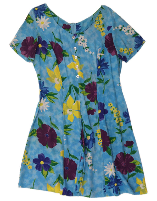 Vintage Dame A-Line Kjole UK 16 Large Blue Floral