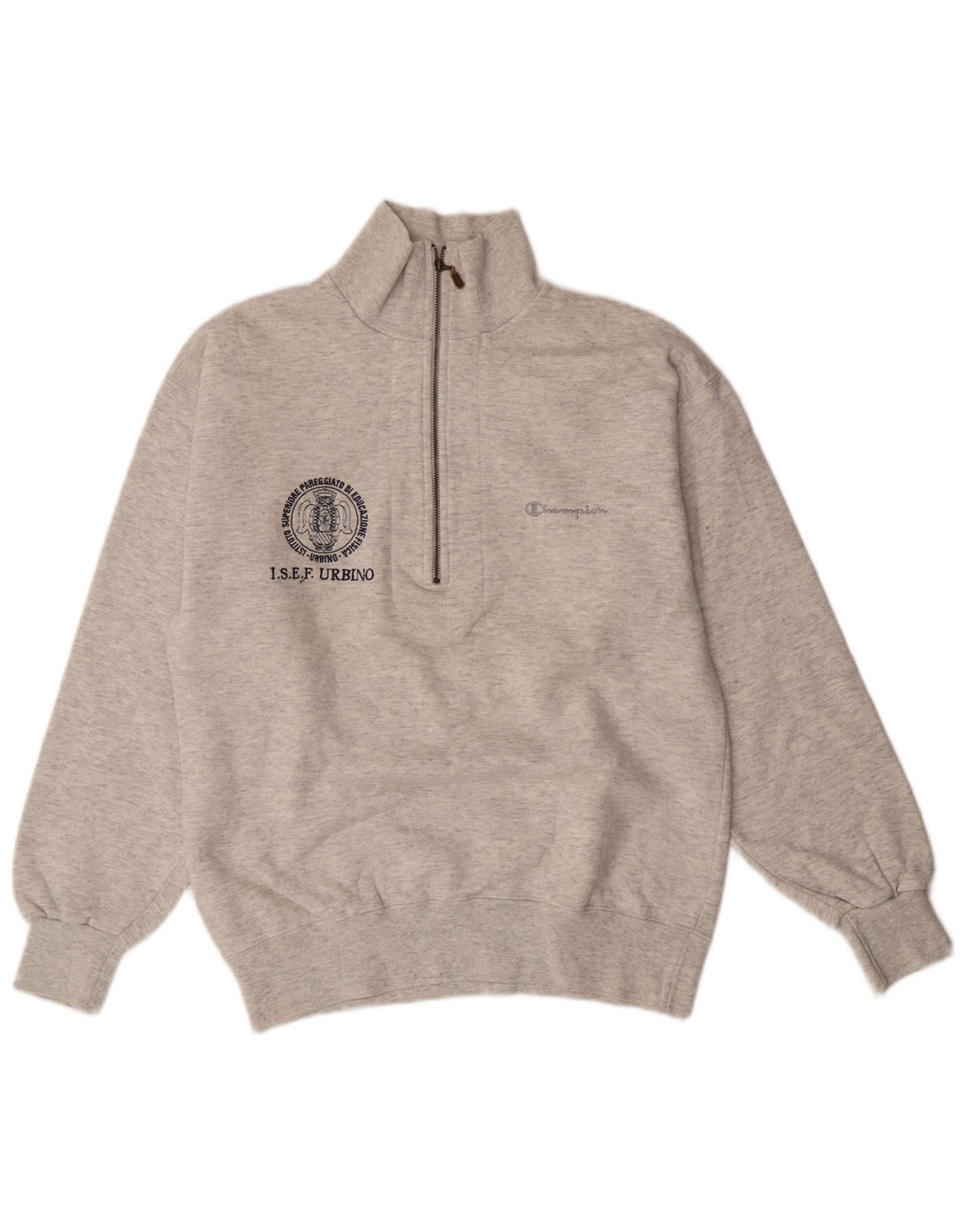 CHAMPION Mens Graphic Zip Neck Sweatshirt Jumper Small Grey Flecked Cotton