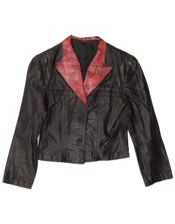 Vintage Dame Crop Læder Blazer Jacket UK 4 XS sort dyreprint