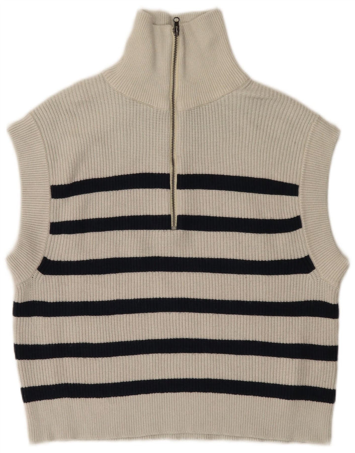Zara Dame lynlås hals overdimensioneret Vest Tank Top UK 10 Lille hvid stribet