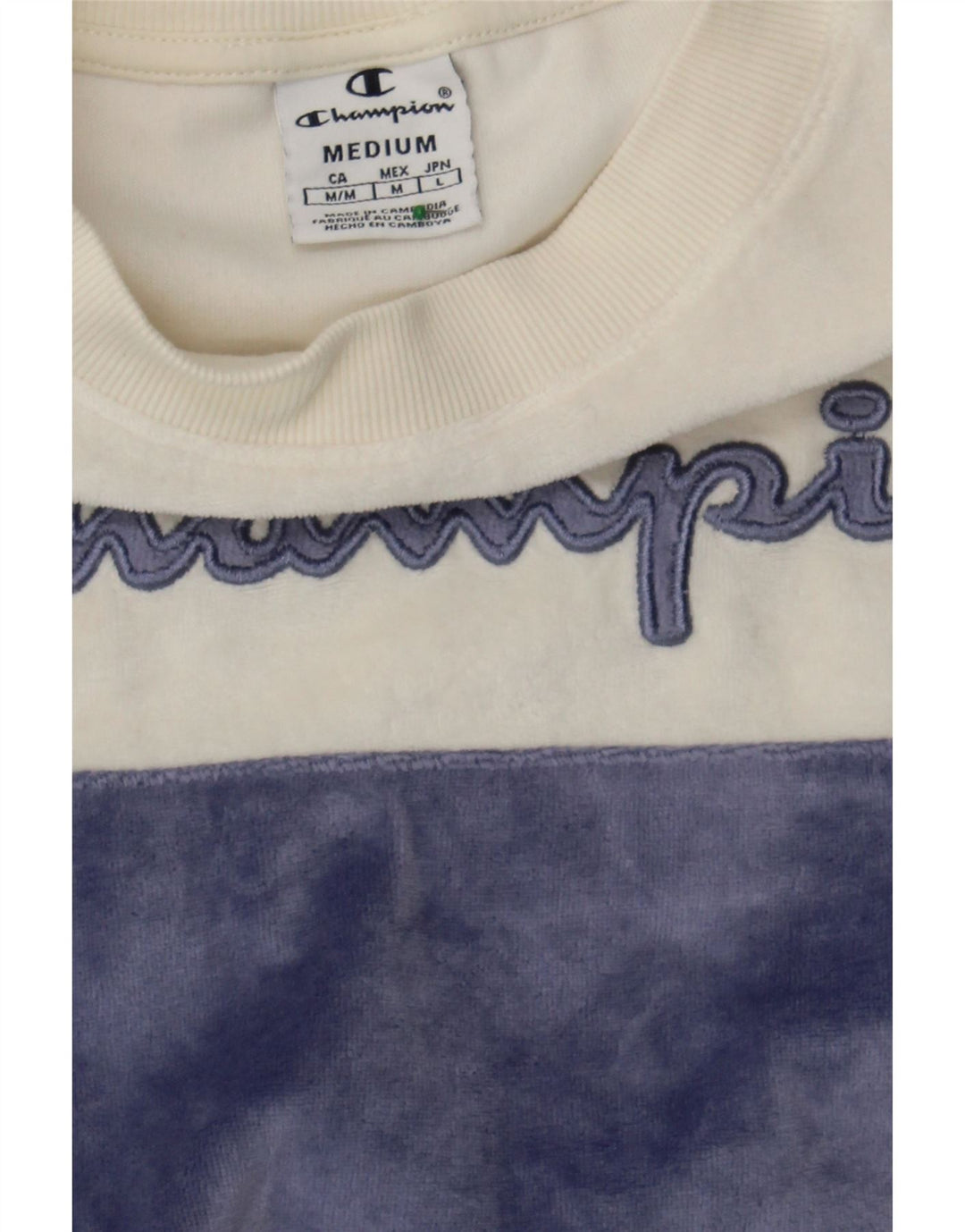 CHAMPION Womens Graphic Sweatshirt Jumper UK 14 Medium Blue Colourblock Vintage Champion and Second-Hand Champion from Messina Hembry 