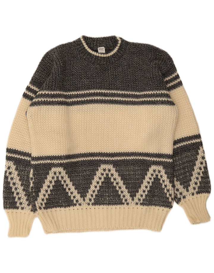 Vintage Herre rund hals sweater EU 50 Medium Off White Geometrisk