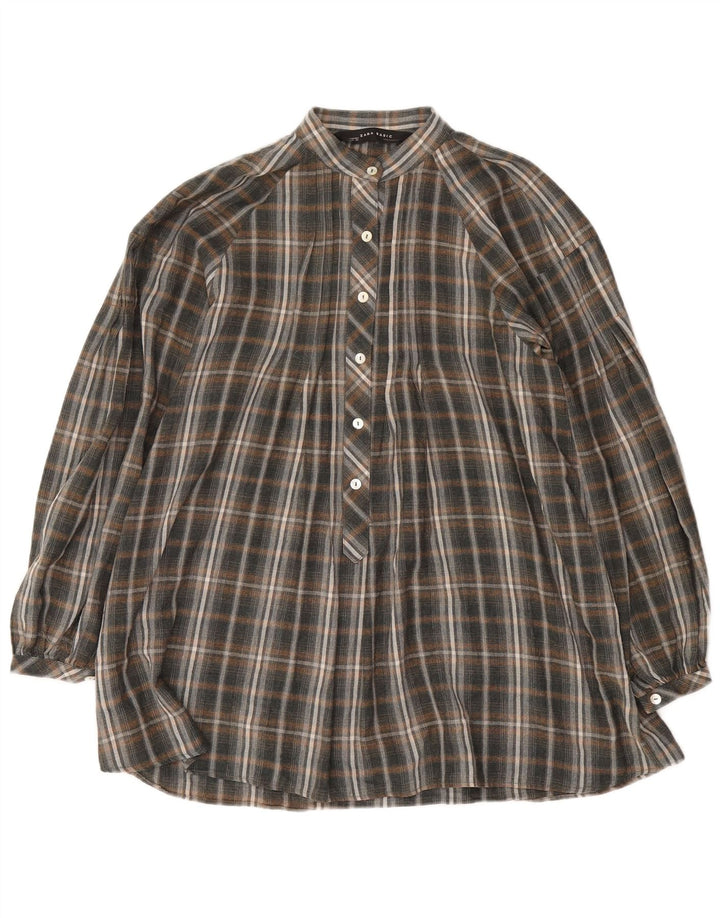 Zara Womens Longline Loose Fit Pullover Shirt UK 14 Medium Grey Check