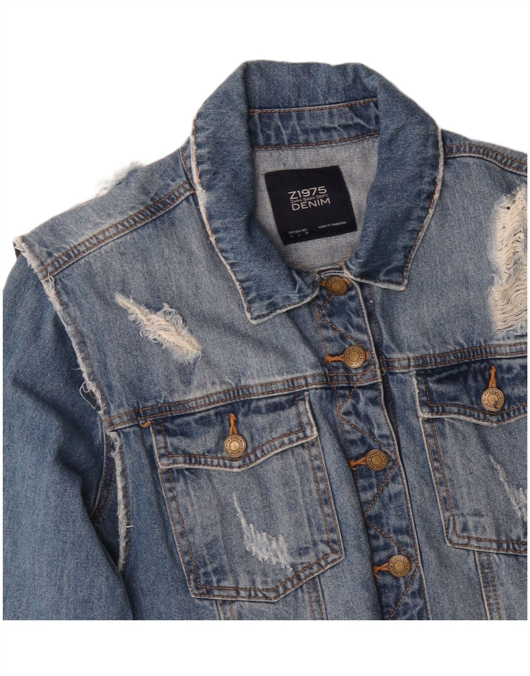 ZARA Dame Distressed Denim Jacket UK 16 Large Blue Cotton