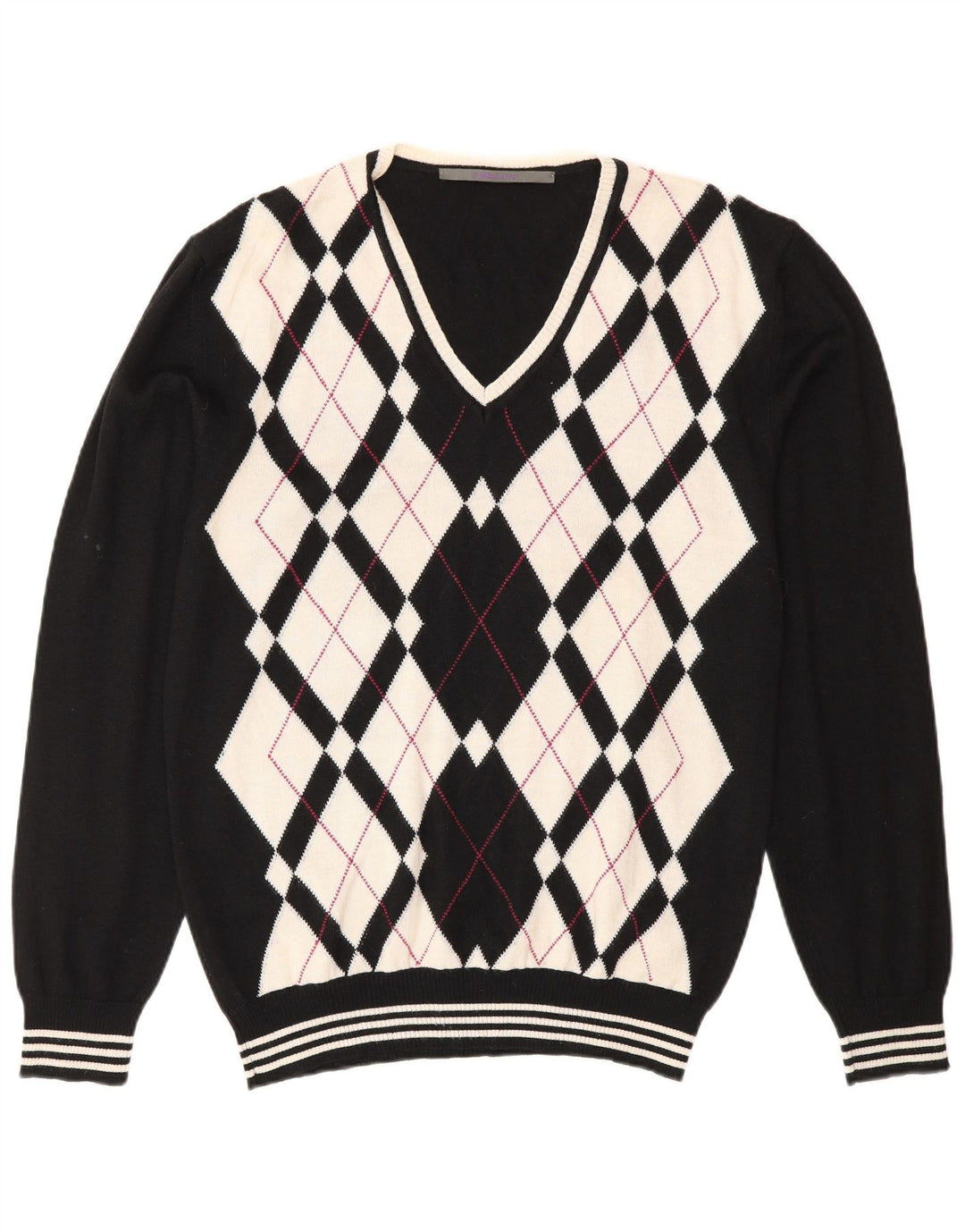 Vintage Herre V-hals sweater XL Sort Argyle/Diamond Wool