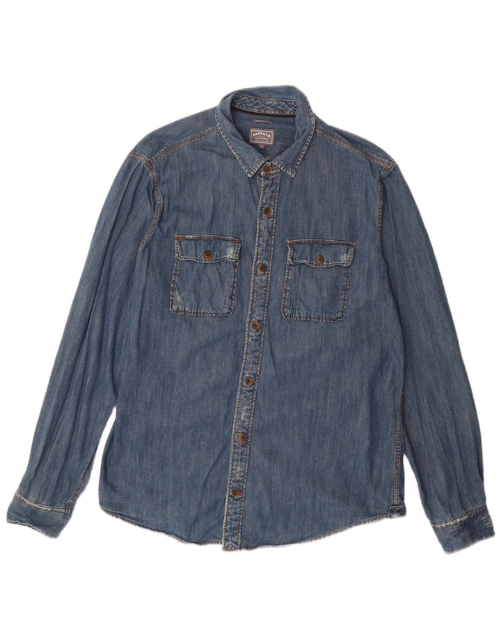FAT FACE Herre Classic Fit Distressed Denim Shirt Large Blue Cotton