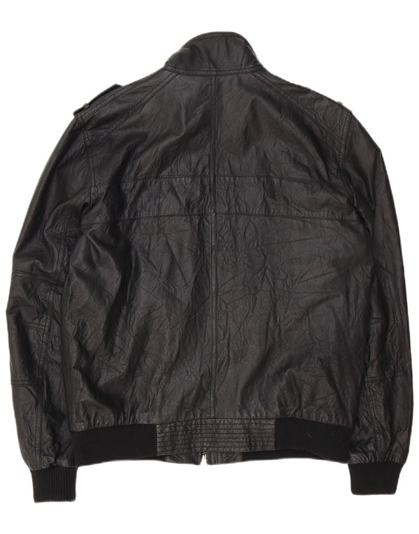 Montego Herre Militær Læderjakke UK 40 Stor Sort Læder