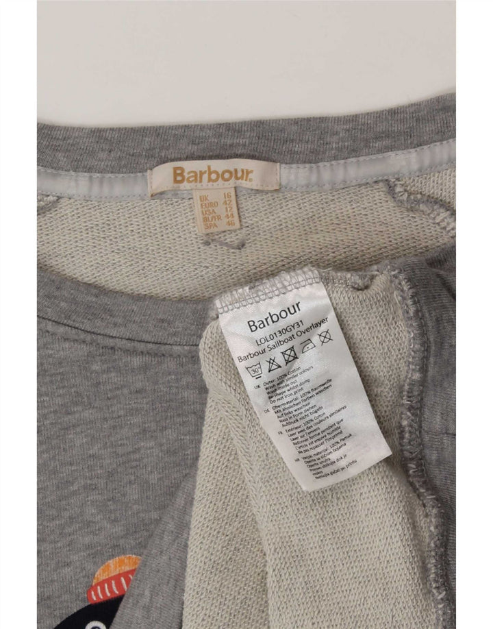 Barbour Dame Grafisk Sweatshirt Jumper UK 16 Stor Grå Bomuld