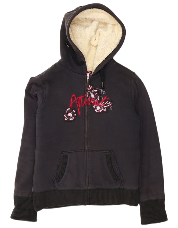Animal Womens Graphic Sherpa Zip Hoodie Sweater UK 16 Large Black Floral