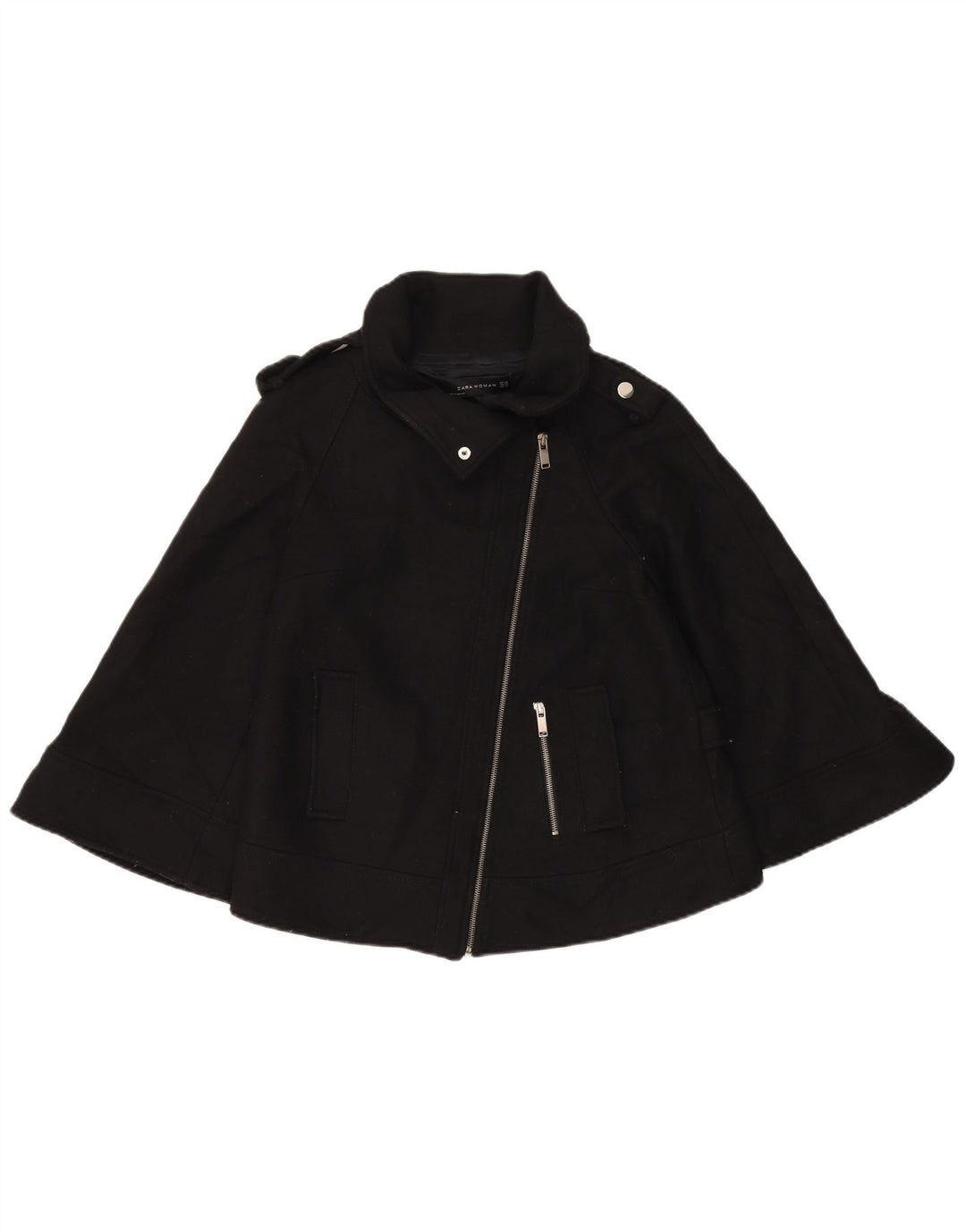 Zara Kvinder Kort Poncho Frakke UK 6 XS Sort Uld