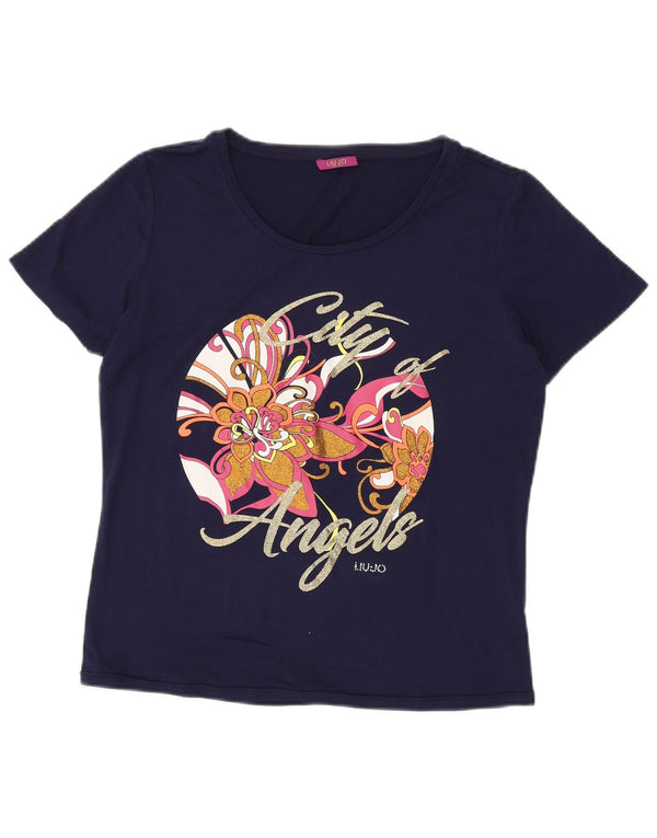 LIU JO Grafisk T-shirt top til kvinder UK 14 Medium Navy Blue Floral