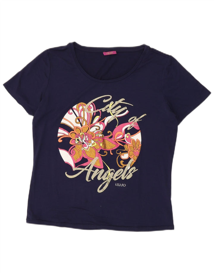 LIU JO Grafisk T-shirt top til kvinder UK 14 Medium Navy Blue Floral