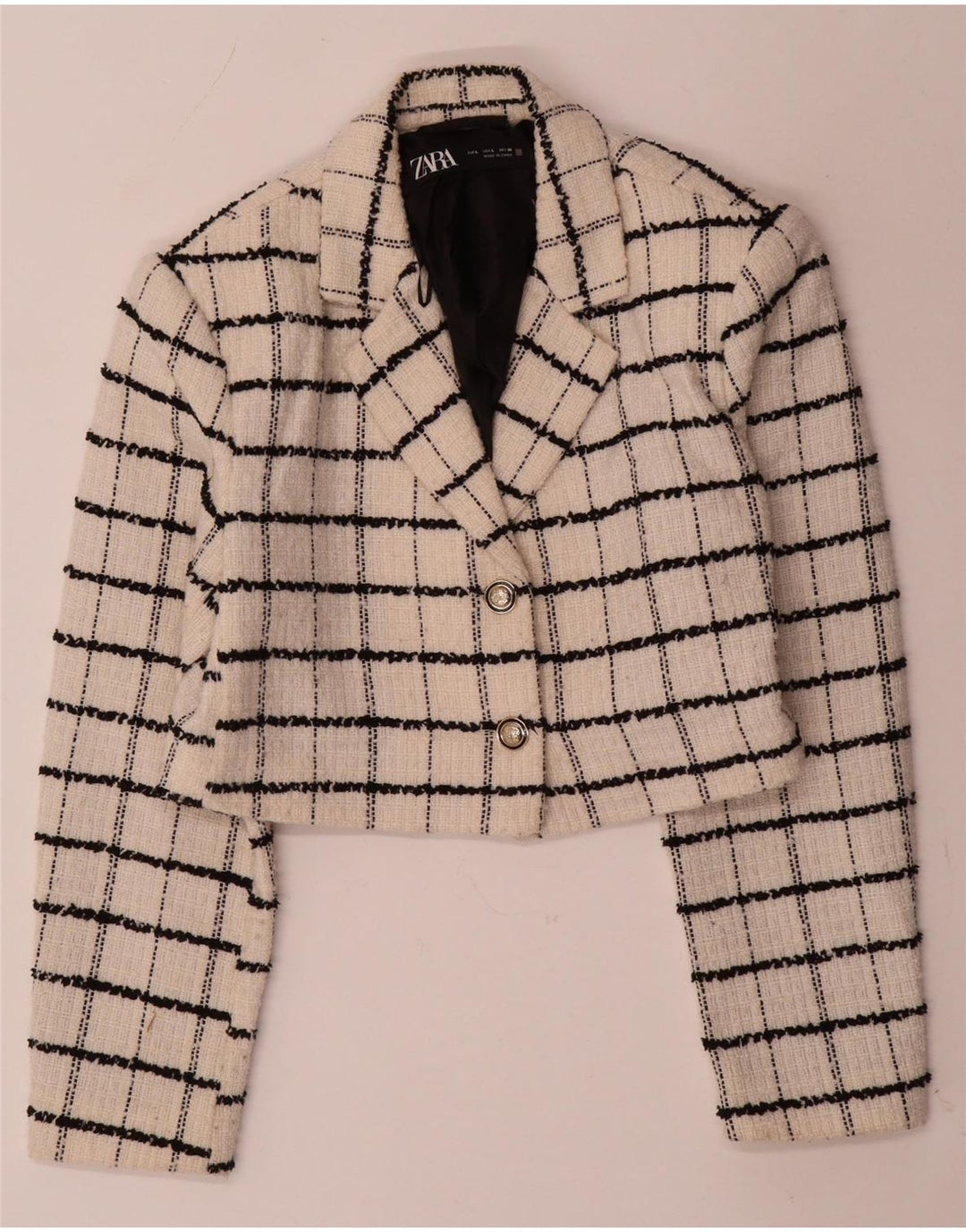 ZARA Dame Crop 2-knaps blazerjakke UK 14 Stor beige ternet uld