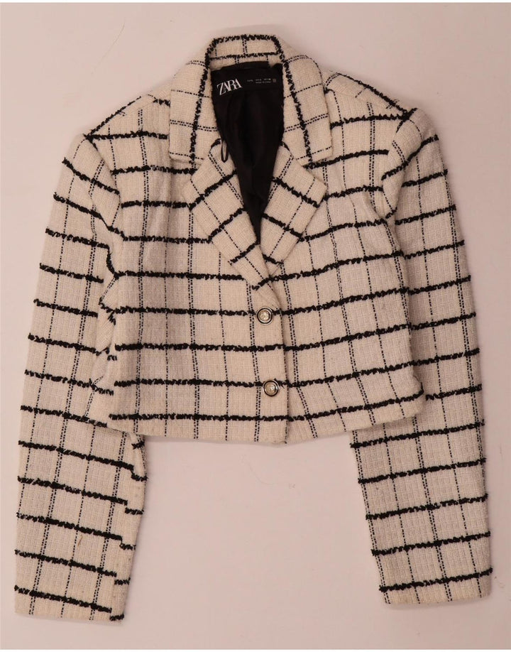 ZARA Dame Crop 2-knaps blazerjakke UK 14 Stor beige ternet uld