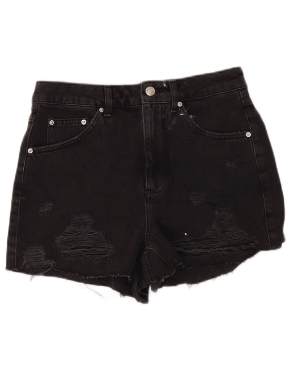 Topshop Dame Mom Distressed Denim Shorts UK 10 Small W28 Black Bomuld