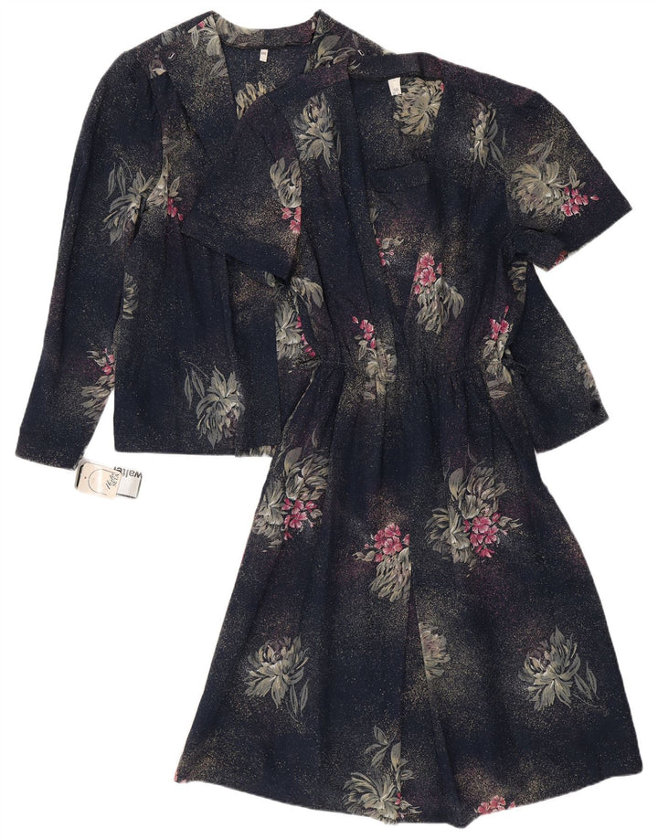 VINTAGE Dame 2-delt sæt IT 50 XL Navy Blue Floral Polyester