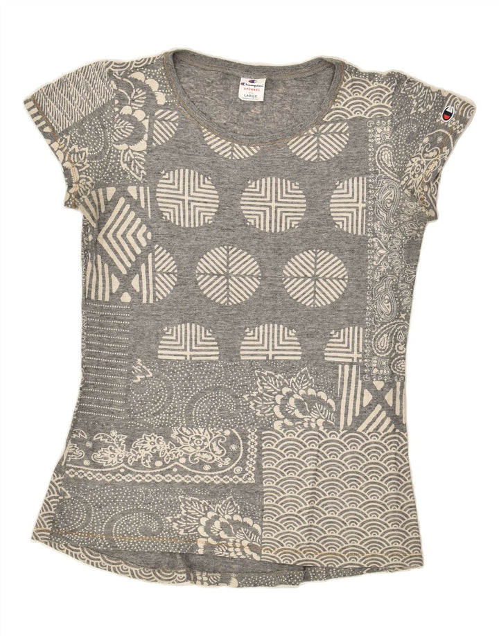 CHAMPION Womens T-Shirt Top UK 14 Large Grey Patchwork | Vintage Champion | Thrift | Second-Hand Champion | Used Clothing | Messina Hembry 