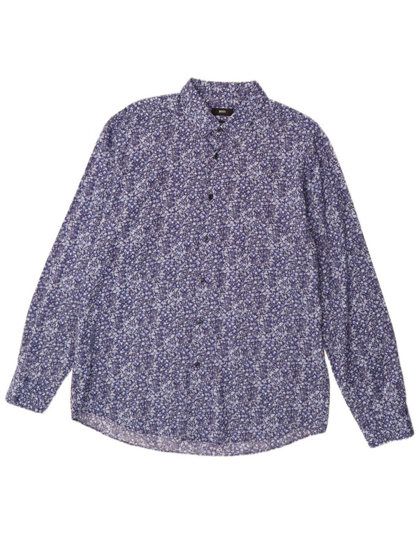 Hugo Boss Herre Regular Fit Skjorte Størrelse 43 17 XL Blå Blomsterbomuld