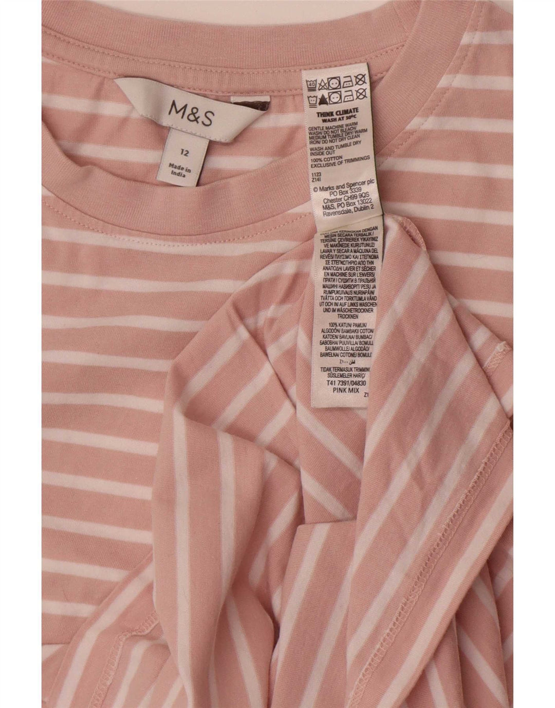 Marks & Spencer T-shirt top til kvinder UK 12 Medium Pink Stribet bomuld
