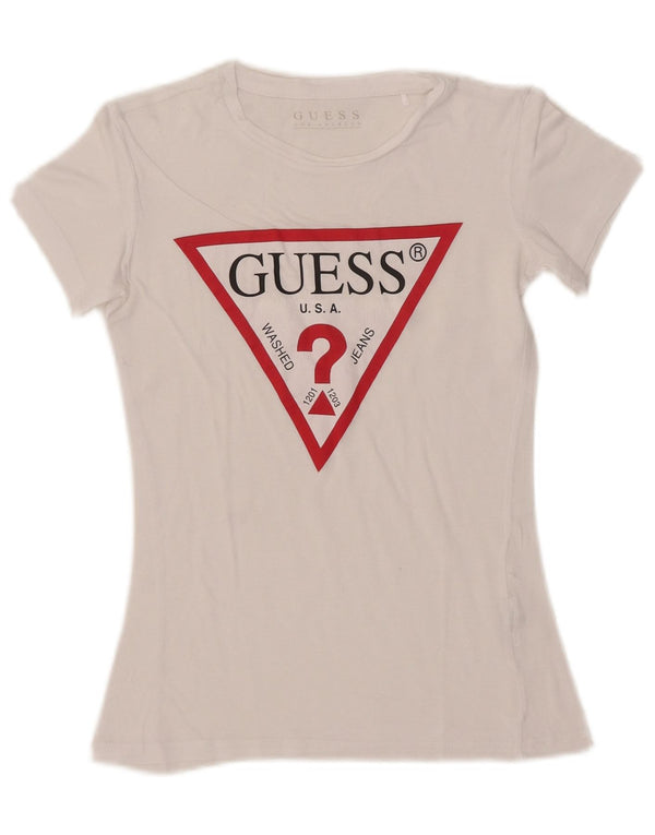 Guess Womens Crop Graphic T-Shirt Top UK 6 XS Hvid