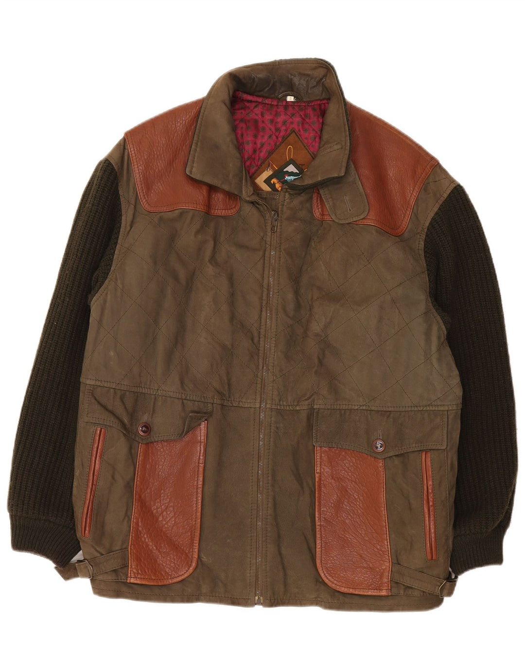 Vintage herrestrikket læderjakke UK 42 XL Khaki Colourblock Classic