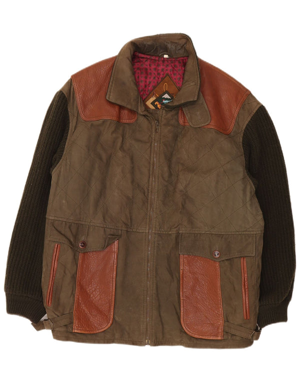 Vintage herrestrikket læderjakke UK 42 XL Khaki Colourblock Classic