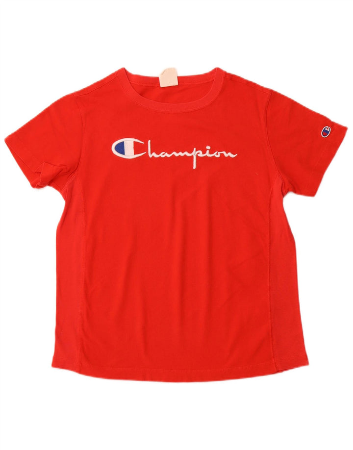 CHAMPION Dame Grafisk T-Shirt Top UK 12 Medium Rød Bomuld