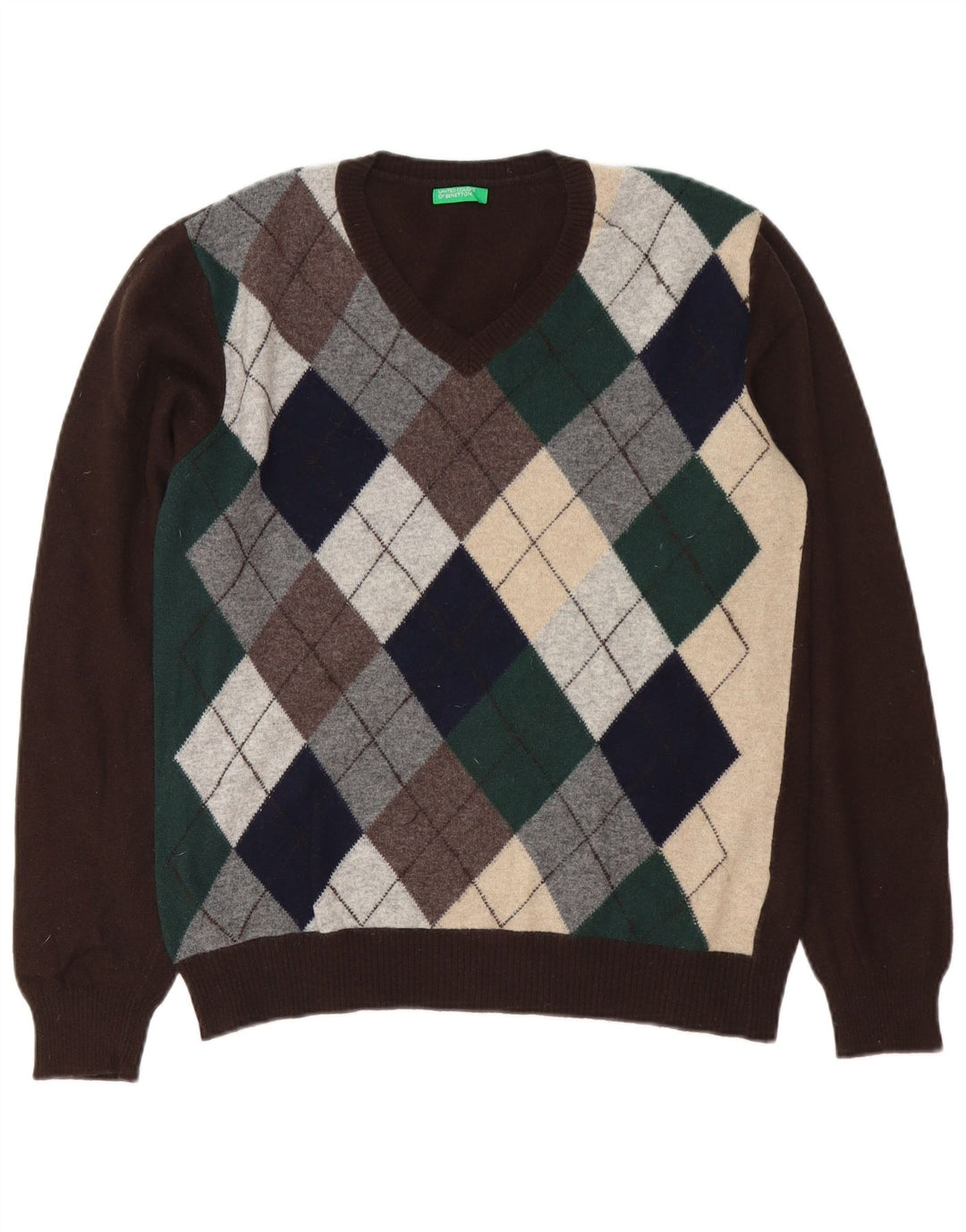 Benetton Herre V-hals sweater Medium Brun Argyle/Diamond Wool