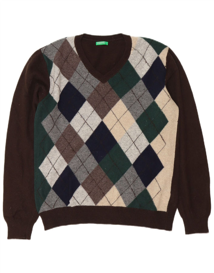 Benetton Herre V-hals sweater Medium Brun Argyle/Diamond Wool
